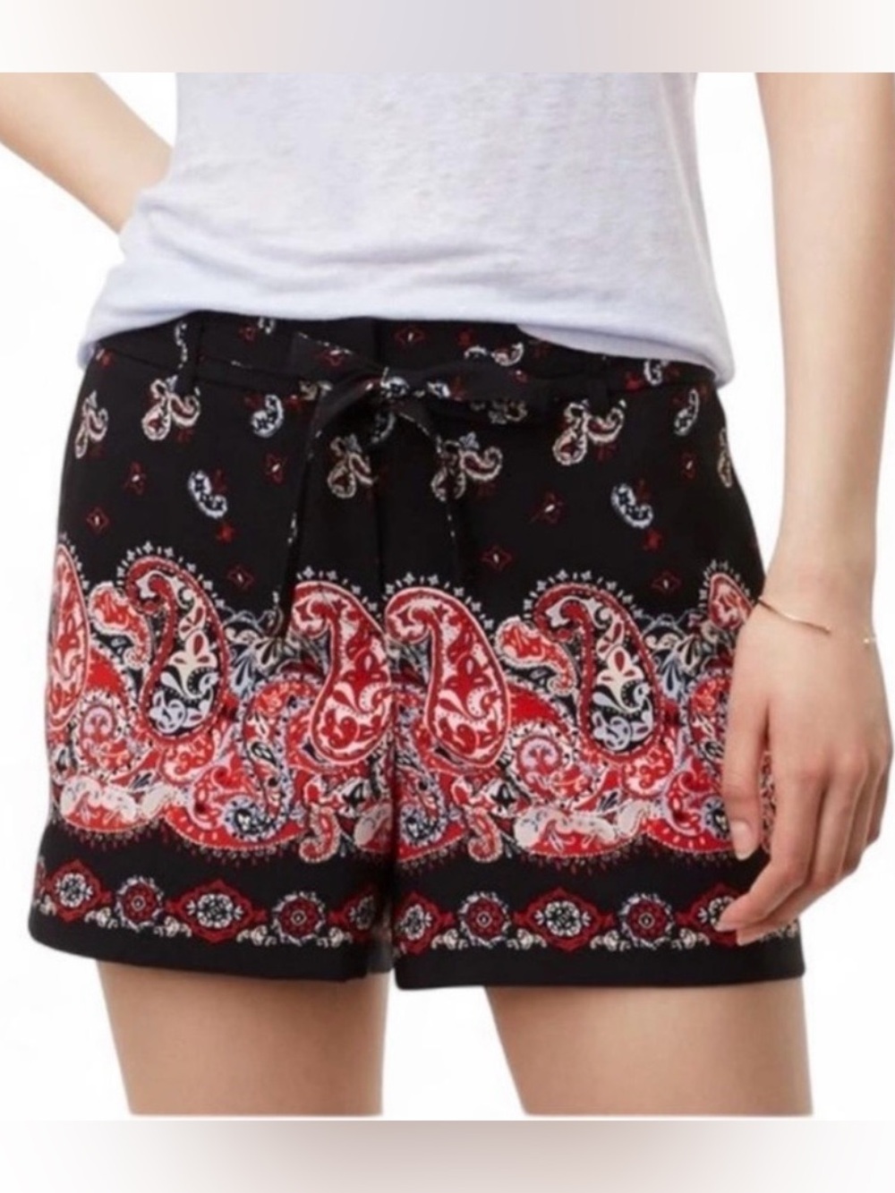 LOFT Black Sunset Paisley Border Print Drawstring Fluid Festival Shorts 14